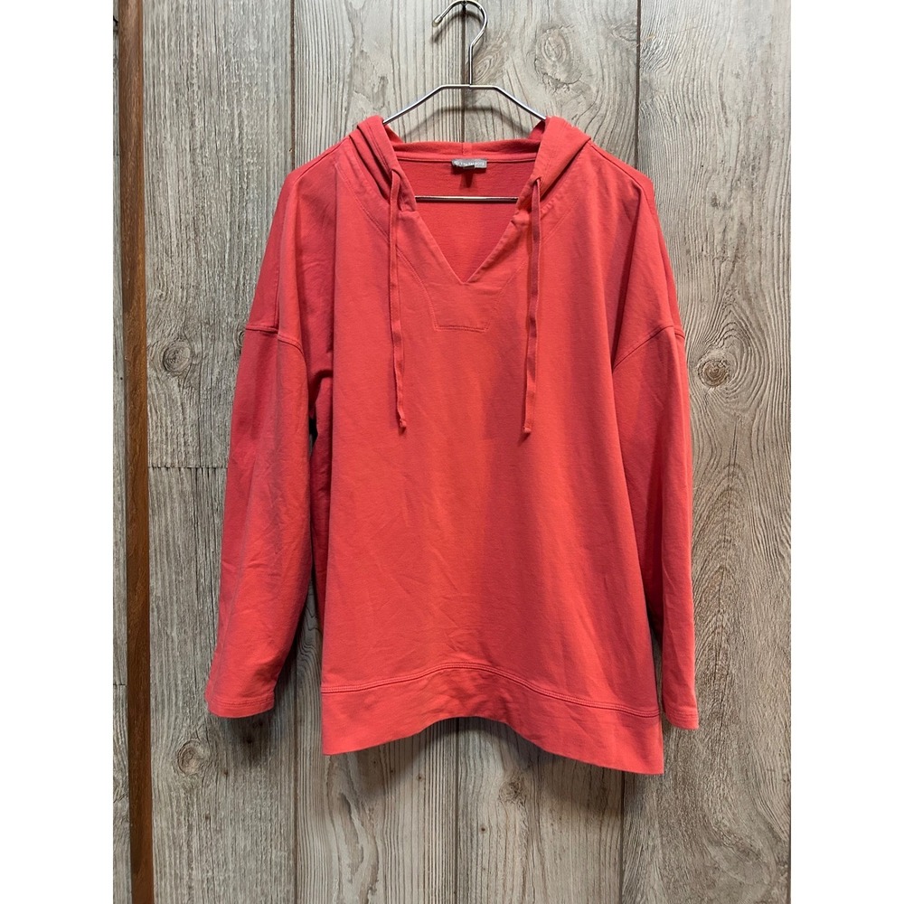 T by Talbots XL Coral Pink Cotton Spandex V-Neck Pullover Hoodie Sweatshirt - Picture 2 of 5